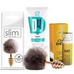 Kit prazer anal composto por plug anal de pompom pelucia, Lubrificante intimo d4 e Cliv intt gold
