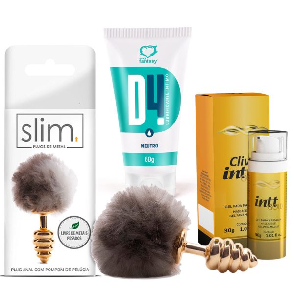 Kit prazer anal composto por plug anal de pompom pelucia, Lubrificante intimo d4 e Cliv intt gold