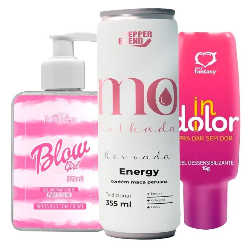 Kit com Energético Estimulante Revoada Blow Girl Gel Beijável e InDolor Dessensibilizante 1 Kit com Energético Estimulante Revoada Blow Girl Gel Beijável e InDolor Dessensibilizante