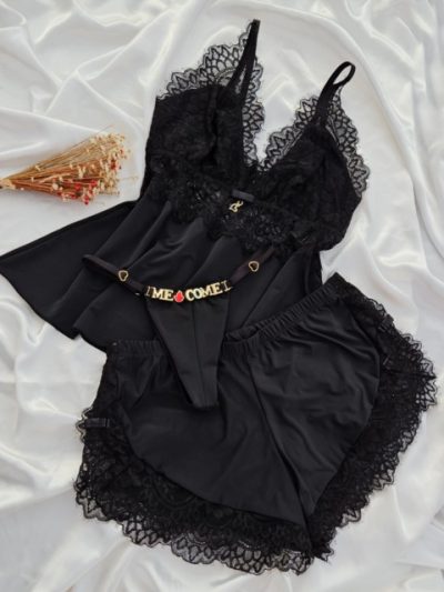 Pijama preto lorena ligalight com calcinha personalizável