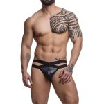 Cueca Jock em suplex preto com elástico duplo frontal aberto