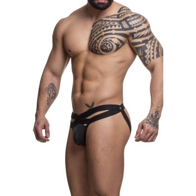 Alternative view of Cueca Jock em suplex preto com elástico duplo frontal aberto