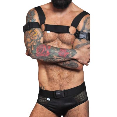 Alternative view of Conjunto cueca preto em couro sintético e tule com harness detalhe em metal