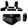 Conjunto cueca preto em couro sintético e tule com harness detalhe em metal
