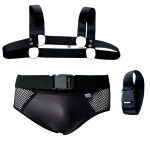 Conjunto cueca preto em couro sintético e tule com harness detalhe em metal
