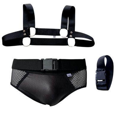 Conjunto cueca preto em couro sintético e tule com harness detalhe em metal