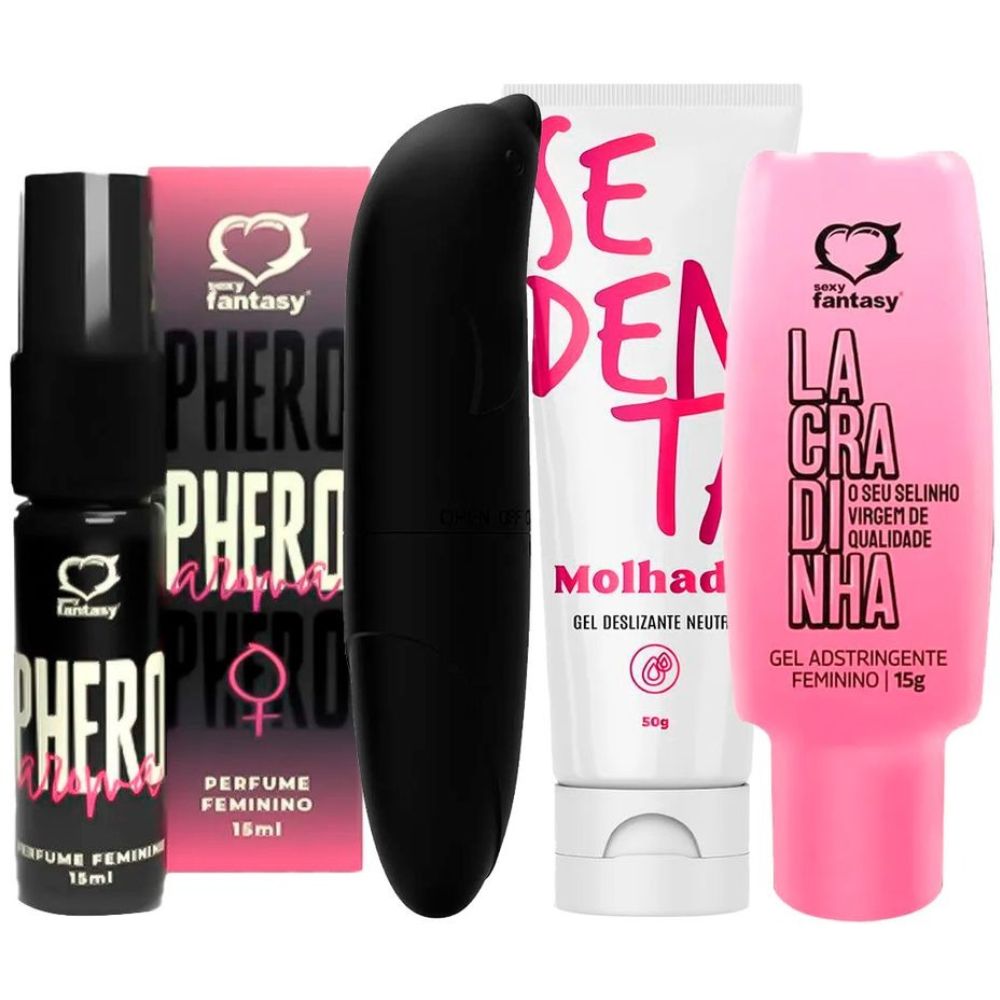 Kit com Perfume Phero Aroma Feminino Vibrador Ponto G Sedenta Molhada e Lacradinha Gel Adstringente 1 Kit com Perfume Phero Aroma Feminino Vibrador Ponto G Sedenta Molhada e Lacradinha Gel Adstringente