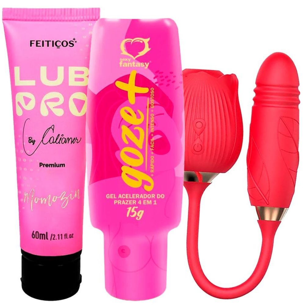 Kit com Vibrador Formato de Rosa Lubrificante LubPro Momozin e Goze + Acelerador do Prazer 1 Kit com Vibrador Formato de Rosa Lubrificante LubPro Momozin e Goze + Acelerador do Prazer