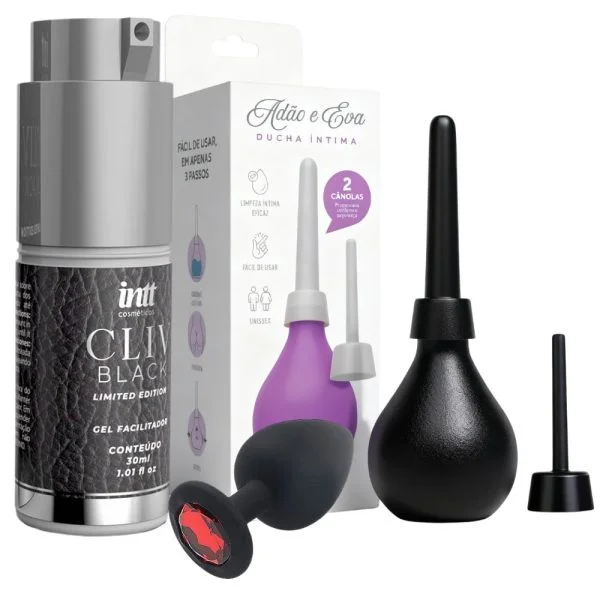 Kit Anal Completo com Plug de Silicone, Ducha Íntima e Gel Dessensibilizante cliv black