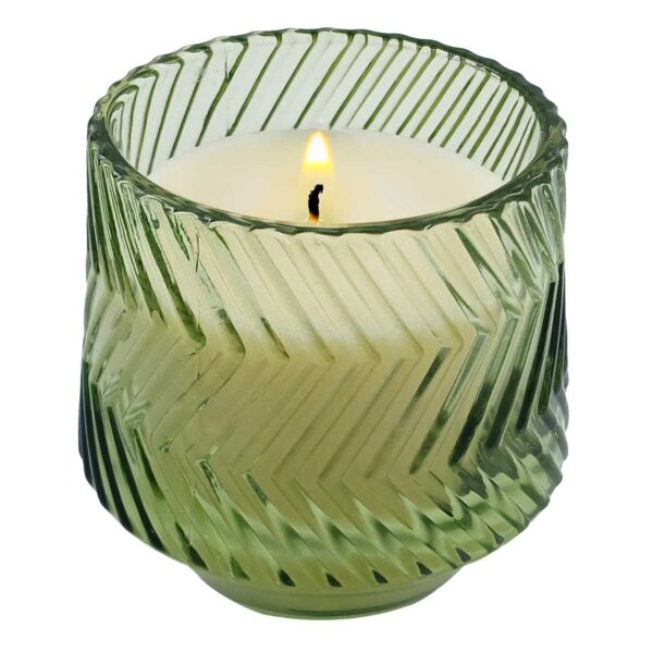 Vela aromática em vidro com suporte luxo verde 7x8cm notas de âmbar e patchouli