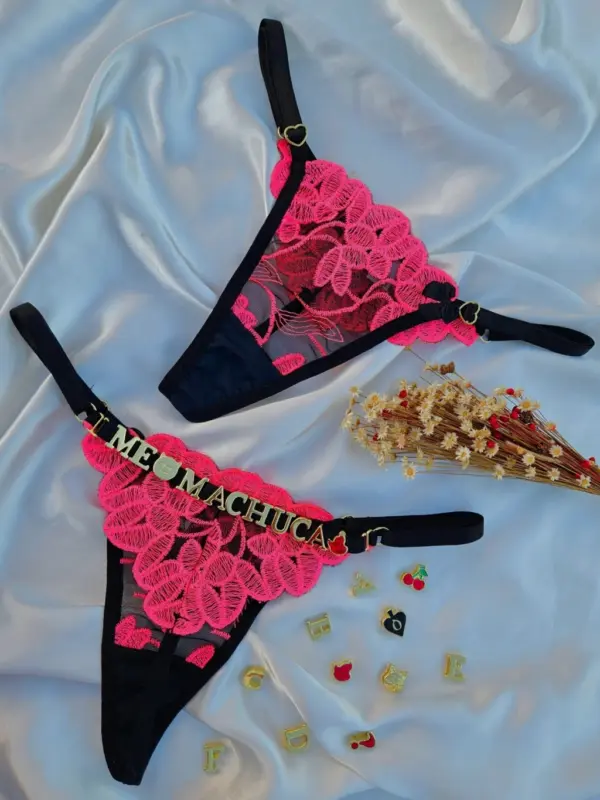 Calcinha Fio Dental em Tule Preto com Pink Personalizável Lulu Pétala