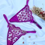 Calcinha Fio Dental em Tule Roxo com estampa de coração personalizável modelo Lulu