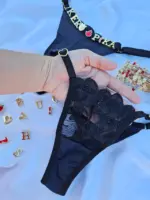 Calcinha Fio Dental Preta em Tule Pétala Duplo Personalizável - Imagem 2
