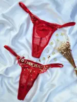 Calcinha Fio Dental Vermelha em Tule com Lantejoula Personalizável - Imagem 2