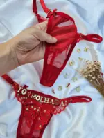 Calcinha Fio Dental Vermelha em Tule com Lantejoula Personalizável - Imagem 4