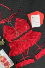 Fantasia Erótica Dama de Vermelho em Renda com Saia Cinta-Liga e Coleira com Corrente - Imagem 8