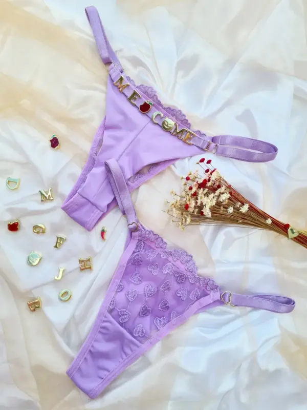 Calcinha Fio Dental Lilás em Tule com coração duplo bordado personalizável sex shop