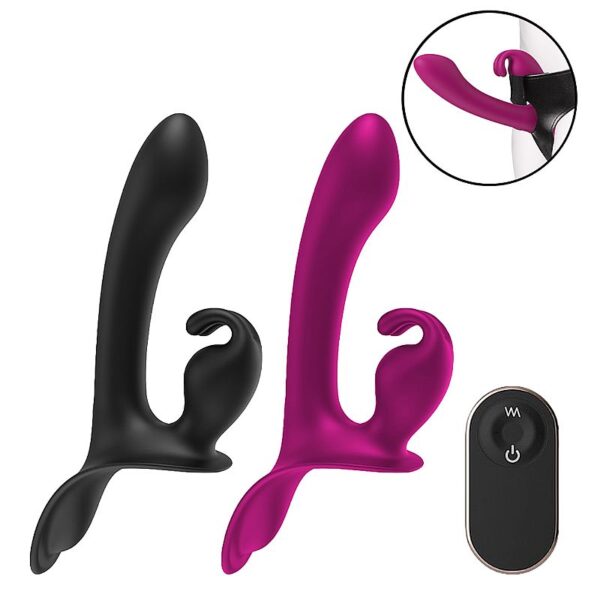 Vibrador strapless duplo Lord Rabbit S-Hande silicone 3 motores controle remoto USB 22,6cm
