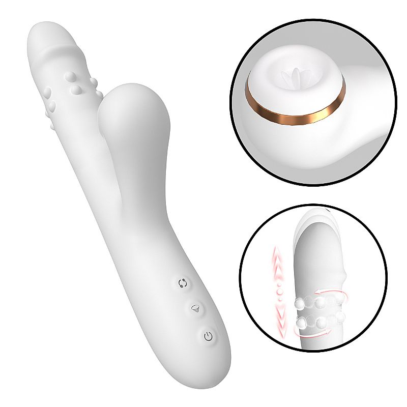 Vibrador de ponto G e clitóris rotativo com sobe e desce de esferas e simulador de língua silicone ABS recarregável USB 23,5cm