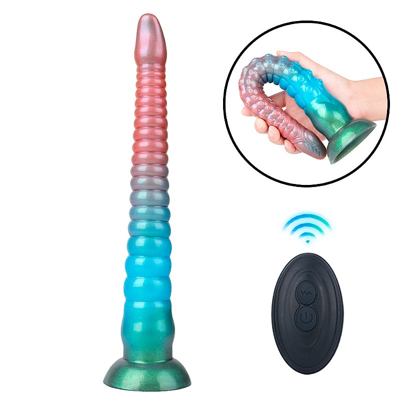 Plug anal alien longo vibratório flexível com controle remoto 10 modos silicone ABS cônico 31,5cm penetração 29,5cm feito à mão