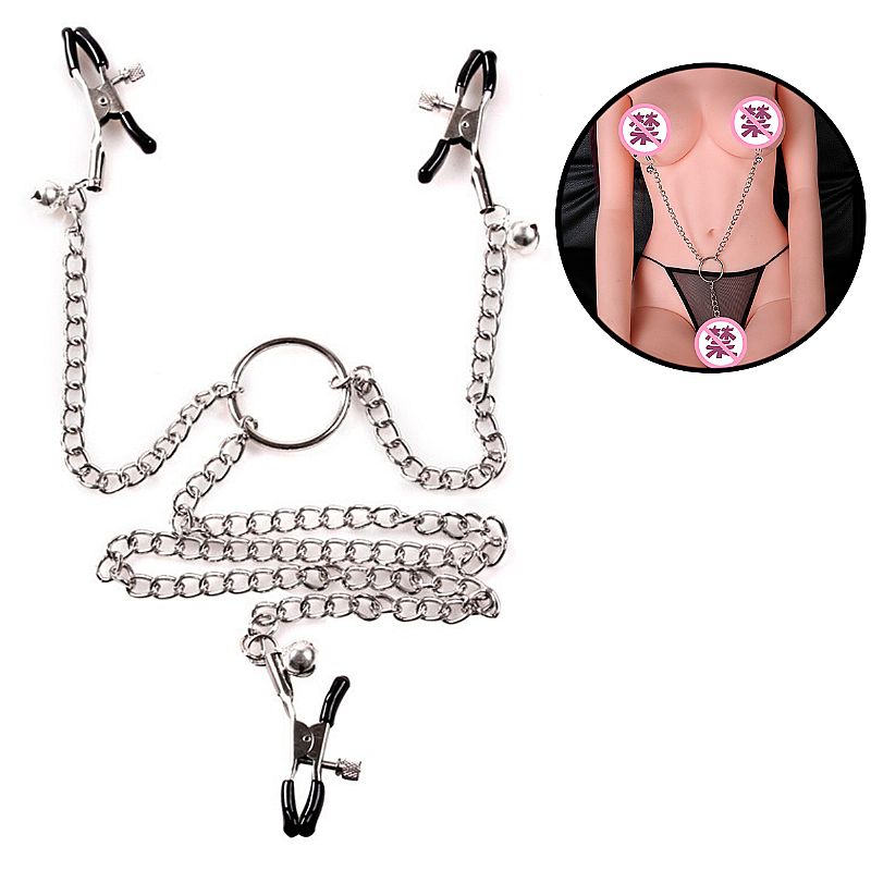 Grampo para seios com sinos e prendedor de vagina ajustável forrado em borracha corrente metal 30cm fetiche