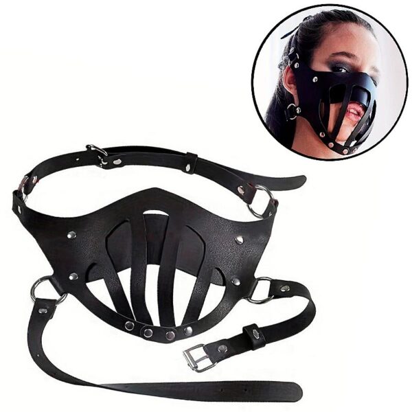 Máscara para boca em couro sintético PU com tiras ajustáveis fetiche 22cm altura 15cm linha BDSM dominação