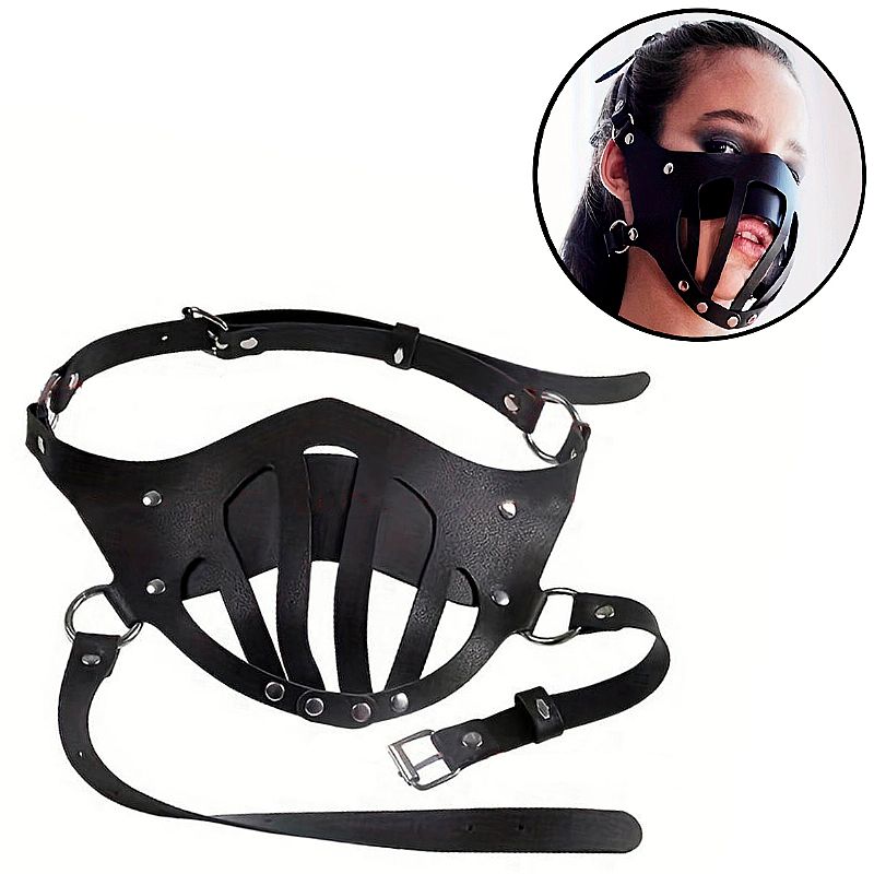 Máscara para boca em couro sintético PU com tiras ajustáveis fetiche 22cm altura 15cm linha BDSM dominação