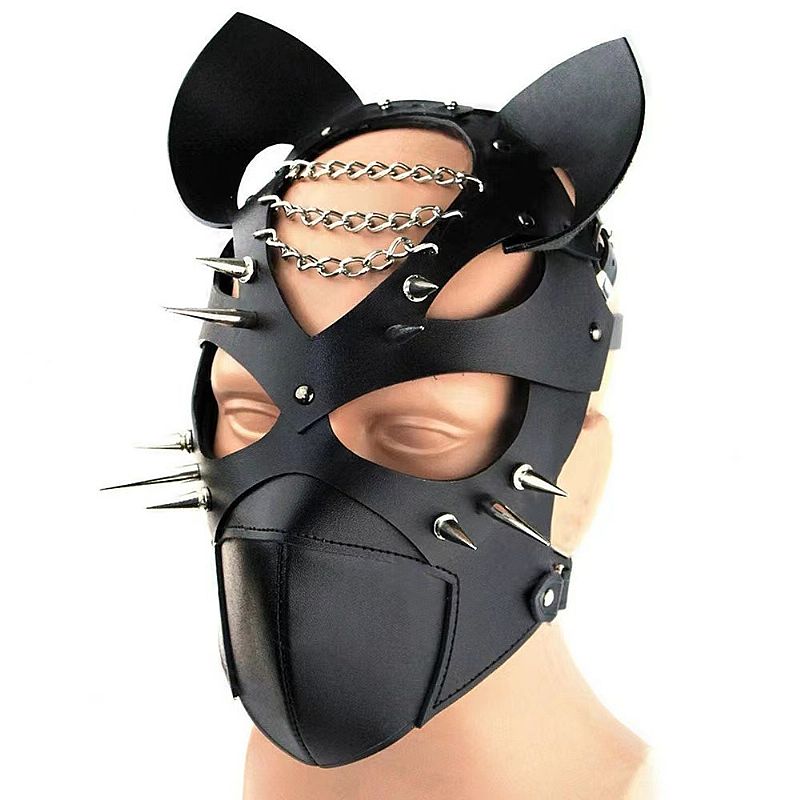 Máscara com spikes metálicos fantasia fetiche meia-face preta PVC formato rato tamanho único linha fetiche