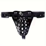 Cinto de castidade masculino arnês em couro sintético PU com cadeado metálico e chave formato cueca ajustável 115cm