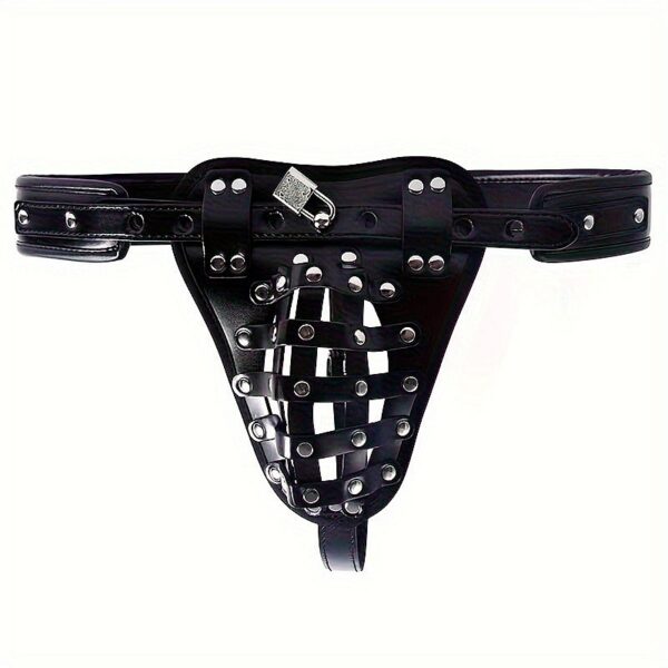 Cinto de castidade masculino arnês em couro sintético PU com cadeado metálico e chave formato cueca ajustável 115cm