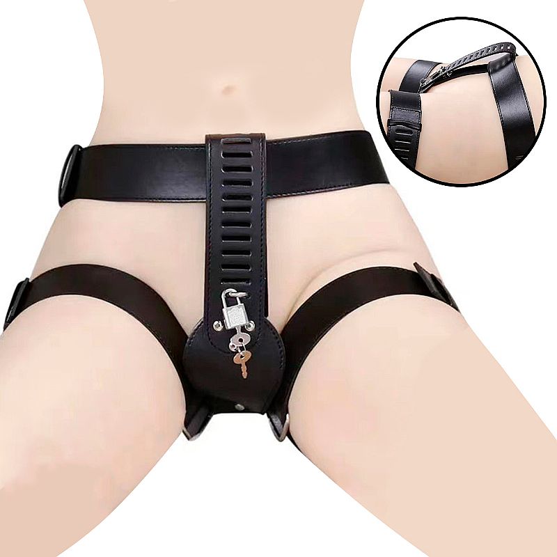 Cinto de castidade feminino em couro sintético PU com cadeado metálico e chaves ajustável cintura 62-100cm perna 31-56cm fetiche