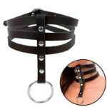 Coleira choker BDSM em couro sintético PU com 3 tiras ajustáveis fivelas metal 28-40cm submissão fetiche