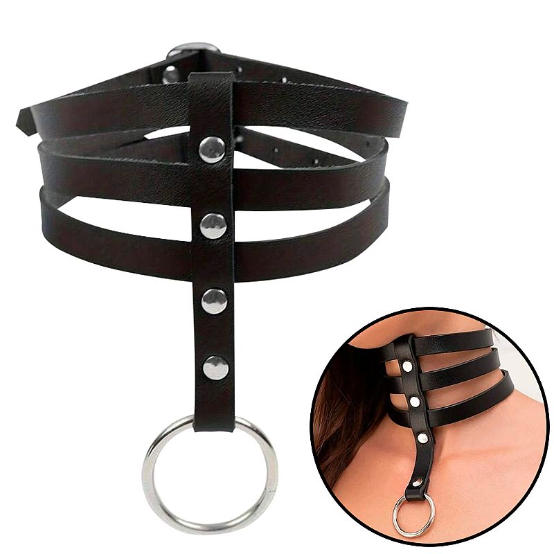 Coleira choker BDSM em couro sintético PU com 3 tiras ajustáveis fivelas metal 28-40cm submissão fetiche