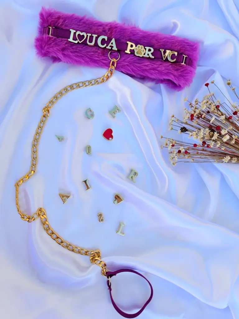 Choker coleira pelúcia roxo personalizável macia para look sensual