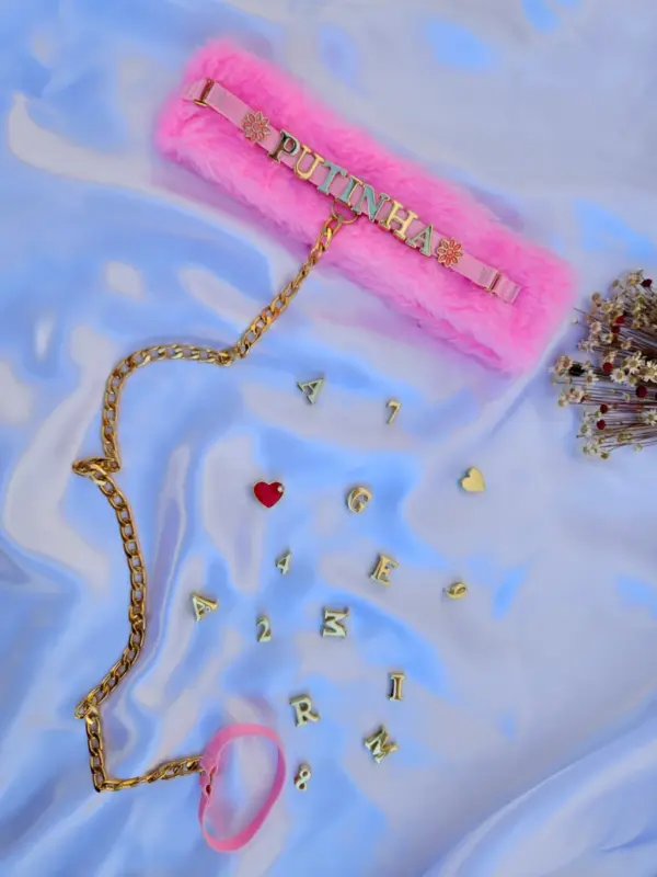 Coleira Choker BDSM de Pelúcia Rosa personalizável macia para casais